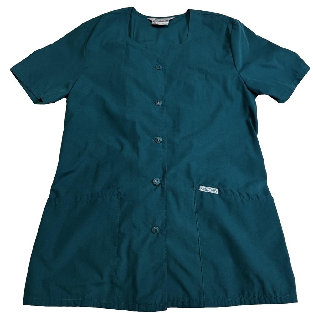 Cherokee Women's Teal Scrub Top Size Small Button Front Pockets NEW